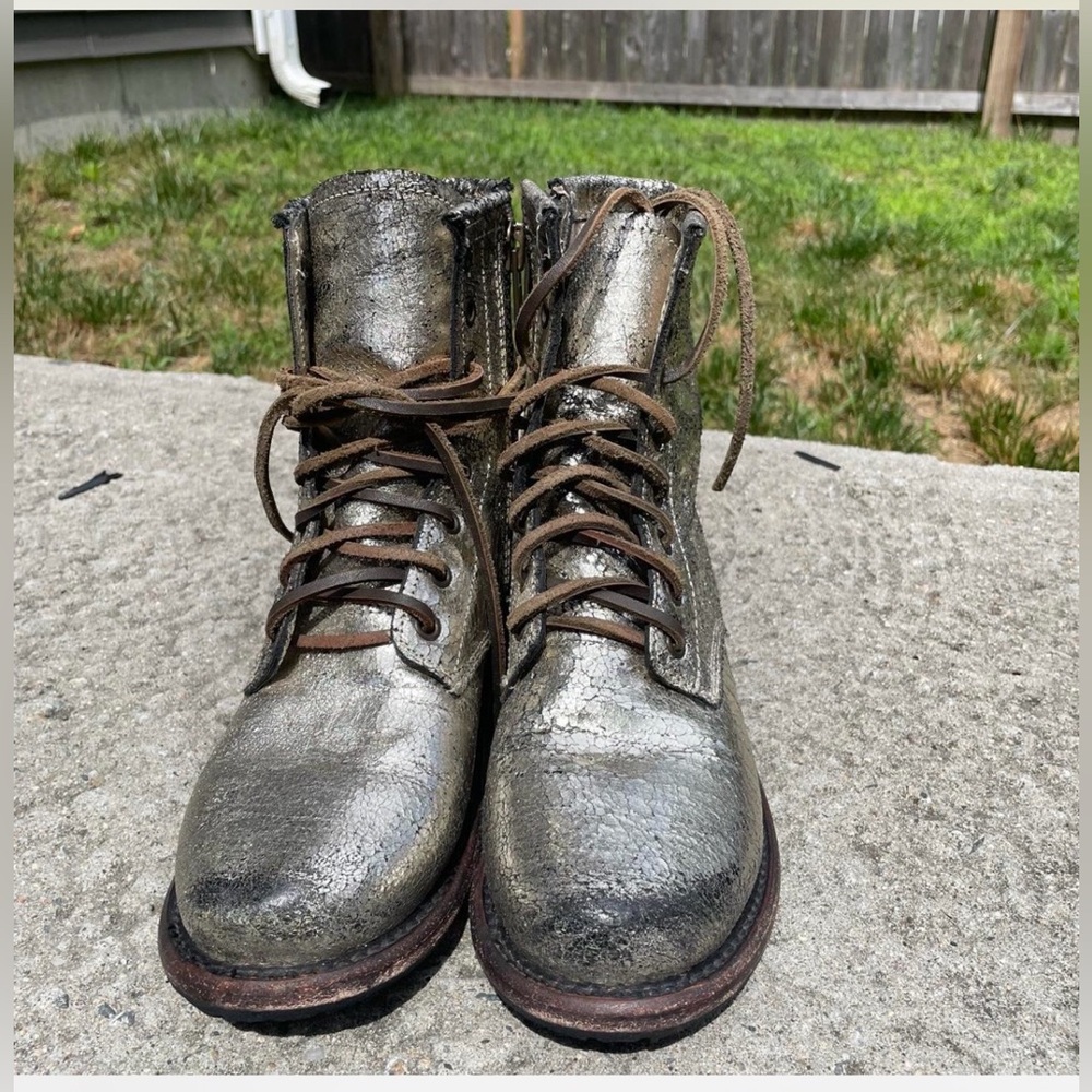Freebird Gold Crackle Leather Manchester Zip Sides lace up Combat Boots Size 7